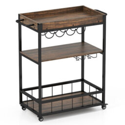 Costway Home Bar Cart On Wheels Kitchen Serving Cart W/ Removable Tray-Brown - thumbnail 8