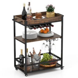 Costway Home Bar Cart On Wheels Kitchen Serving Cart W/ Removable Tray-Brown - thumbnail 1