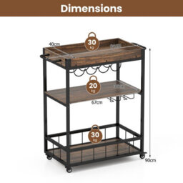 Costway Home Bar Cart On Wheels Kitchen Serving Cart W/ Removable Tray-Brown - thumbnail 2
