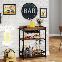 Costway Home Bar Cart On Wheels Kitchen Serving Cart W/ Removable Tray-Brown - thumbnail 6