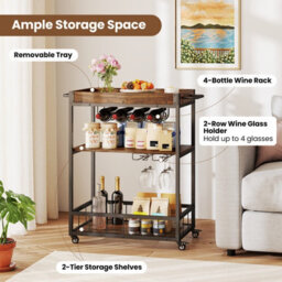 Costway Home Bar Cart On Wheels Kitchen Serving Cart W/ Removable Tray-Brown - thumbnail 3