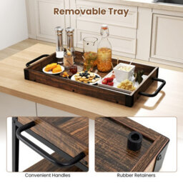 Costway Home Bar Cart On Wheels Kitchen Serving Cart W/ Removable Tray-Brown - thumbnail 4
