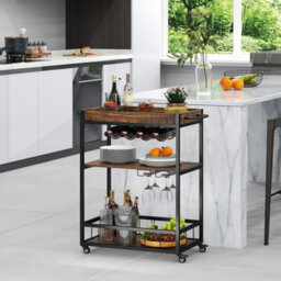Costway Home Bar Cart On Wheels Kitchen Serving Cart W/ Removable Tray-Brown - thumbnail 7