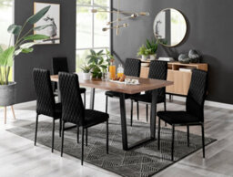 Furniturebox Kylo Brown Rectangular Wood Effect Dining Table & 6 Black Velvet Milan Black Leg Chairs - thumbnail 1