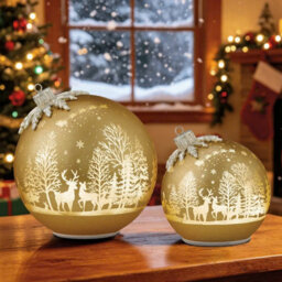 Xample Glass Rotating Ball Ornaments Set Of 2, Illuminated Led Christmas Decorations, Winter Forest Design, Aa Batteries Included - thumbnail 1