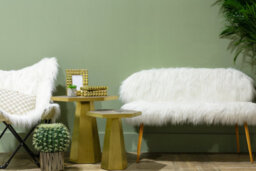 Orsina Stylish Sofa With Gold Finish Legs, Crisp White Seat 2 Seater Sofa For Bedroom, Faux Fur Upholstered Couch - thumbnail 3