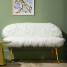 Orsina Stylish Sofa With Gold Finish Legs, Crisp White Seat 2 Seater Sofa For Bedroom, Faux Fur Upholstered Couch