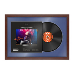 "AK Frames 25X17"" Rose Wood Modern Vinyl Record Frame With Blue Mount For 12 Inch Lp Cover & Disc - Overlapped Design"