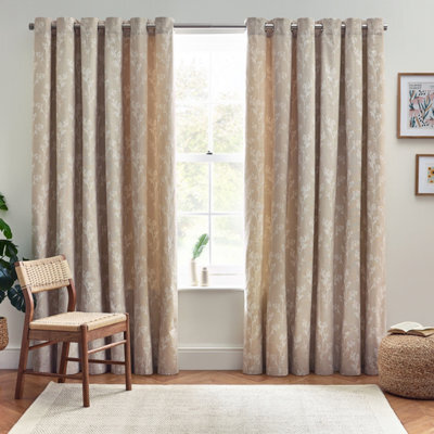 furn. Taupe & White Floral Lined Eyelet Curtains (W)167Cm (L)183Cm, Pair