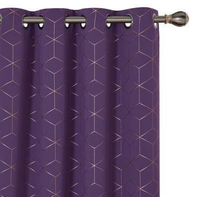 Deconovo Noise Reduction Eyelet Curtains, Gold Diamond Printed Thermal Insulated Curtains, W46 X L90 Inch, Purple Grape, One Pair - image 1