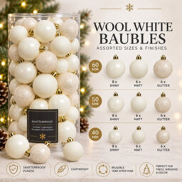 Decoris 2X 30 Wool White Baubles Shatterproof Christmas Tree Hanging Decoration - thumbnail 4