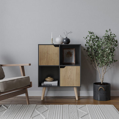 Urbn-Living Urbnliving 80Cm Height Black 4 Cube With Oak 2 Wooden Door Bookcase With Pine Legs Shelves - image 1