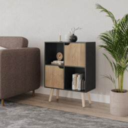Urbn-Living Urbnliving 80Cm Height Black 4 Cube With Oak 2 Wooden Door Bookcase With Pine Legs Shelves - thumbnail 2