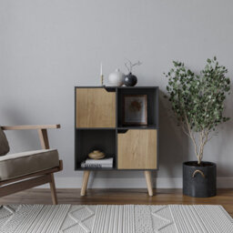 Urbn-Living Urbnliving 80Cm Height Black 4 Cube With Oak 2 Wooden Door Bookcase With Pine Legs Shelves