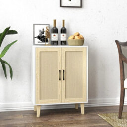 2 Doors White Buffet Storage Cabinet With Rattan Decorating 2 Door Sideboard Wood Side Cabinet - thumbnail 4
