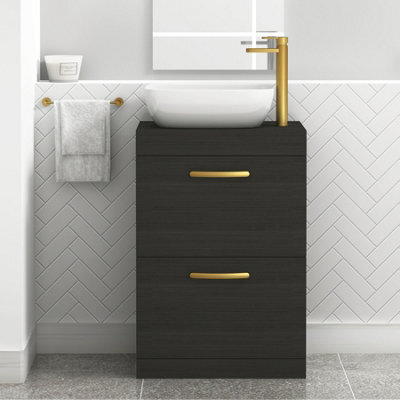 Royal Bathrooms 600mm Floor Standing Vanity Unit 2 Drawer Hale Black & Countertop Basin - Elva With Brushed Brass Handle - image 1