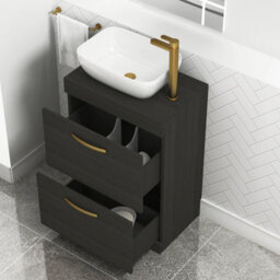 Royal Bathrooms 600mm Floor Standing Vanity Unit 2 Drawer Hale Black & Countertop Basin - Elva With Brushed Brass Handle - thumbnail 3
