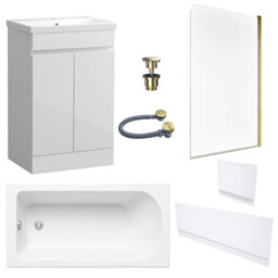 FNX Bathrooms Waterproof 600mm Vanity Unit With Single Ended Bath, Gloss White Panels, Brushed Brass Screen, Bath & Universal Basin Waste - thumbnail 1