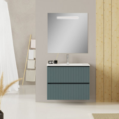 Banyetti Linea Ocean Blue Ribbed Double Drawer Wall Hung Vanity Unit 800mm X 390mm - image 1