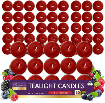 SOL 60Pk Tea Light Candles Fresh Berries 3.5 Hour Burn Time Scented Tea Lights Long Lasting Ideal For Home Relaxation Dinners Weddings