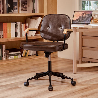 Living And Home Brown Pu Leather Ergonomic Office Chair With Wood Armrests - image 1