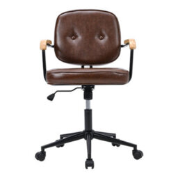 Living And Home Brown Pu Leather Ergonomic Office Chair With Wood Armrests - thumbnail 2