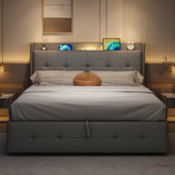 Btm 5Ft King Pu Leather Ottoman Bed Grey With Led Light Charging Ports And Hidden Headboard Storage - thumbnail 3