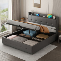 Btm 5Ft King Pu Leather Ottoman Bed Grey With Led Light Charging Ports And Hidden Headboard Storage - thumbnail 4
