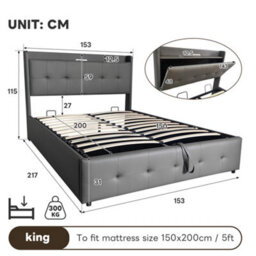 Btm 5Ft King Pu Leather Ottoman Bed Grey With Led Light Charging Ports And Hidden Headboard Storage - thumbnail 9