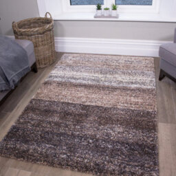 Loomed Super Soft Natural Beige Brown Mottled Striped Shaggy Area Rug 60X110Cm - thumbnail 2