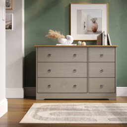 Core Products Corona Classic Pine 3+3 Drawer Wide Chest Of Drawers - Grey And Antique Wax Solid Wood Storage 74 X 114 X 36Cm