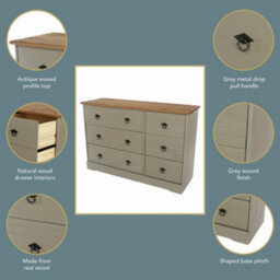Core Products Corona Classic Pine 3+3 Drawer Wide Chest Of Drawers - Grey And Antique Wax Solid Wood Storage 74 X 114 X 36Cm - thumbnail 8
