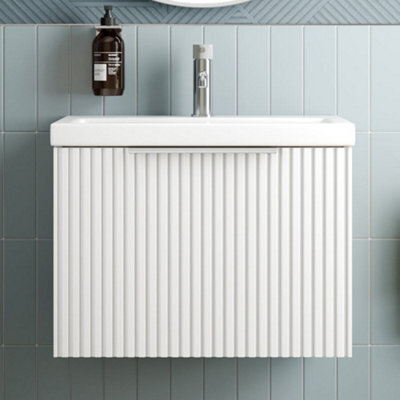 Affine Fluted 600mm Bathroom Vanity Unit Basin Wall Hung Cupboard Soft Close Matt White - image 1
