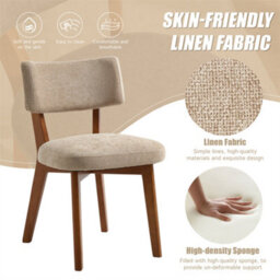 Abrihome Set Of 2 Mid-Century Linen Dining Chairs, Curved Backrest & Solid Wood Frame, Armless Side Chairs, Khaki - thumbnail 3