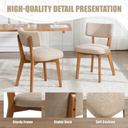 Abrihome Set Of 2 Mid-Century Linen Dining Chairs, Curved Backrest & Solid Wood Frame, Armless Side Chairs, Khaki - thumbnail 2