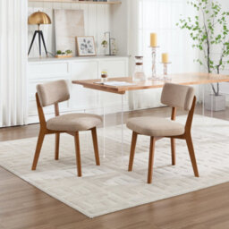 Abrihome Set Of 2 Mid-Century Linen Dining Chairs, Curved Backrest & Solid Wood Frame, Armless Side Chairs, Khaki