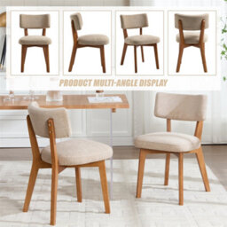 Abrihome Set Of 2 Mid-Century Linen Dining Chairs, Curved Backrest & Solid Wood Frame, Armless Side Chairs, Khaki - thumbnail 6