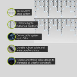 Pegdev - Pdl Cool White Led Icicle Lights Black Rubber Cable 60 40 20Cm Drop Outdoor Indoor Connectable Durable System 10M - thumbnail 2
