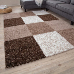 The Rugs Brown And Ivory Soft Checkerboard Design Fluffy Shaggy Rugs And Runners High Pile Living Room Kitchen Hallway 381 - thumbnail 2