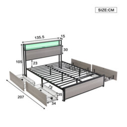 Metal Bed, 4Ft6 Double Bed 135X190Cm, With Led Light Strip And 4 Drawers, 2 Usb Port+1 Type C, Wrought Iron Bed, Grey - thumbnail 2