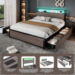 Metal Bed, 4Ft6 Double Bed 135X190Cm, With Led Light Strip And 4 Drawers, 2 Usb Port+1 Type C, Wrought Iron Bed, Grey - thumbnail 3