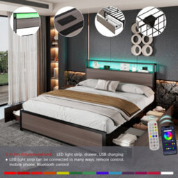 Metal Bed, 4Ft6 Double Bed 135X190Cm, With Led Light Strip And 4 Drawers, 2 Usb Port+1 Type C, Wrought Iron Bed, Grey - thumbnail 4