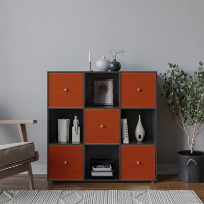 Urbn-Living Urbnliving 9 Cube Black Wooden Bookcase Shelving Unit With 5 Collapsible Fabric Drawers - Orange - image 1
