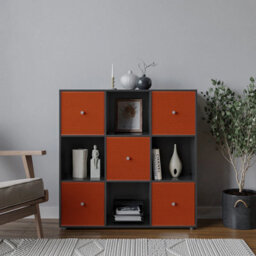 Urbn-Living Urbnliving 9 Cube Black Wooden Bookcase Shelving Unit With 5 Collapsible Fabric Drawers - Orange