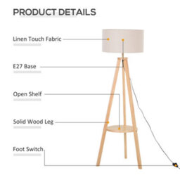 Homcom Floor Lamp Bedside Light Free Standing Tripod Holder Storage Shelf Linen - thumbnail 4