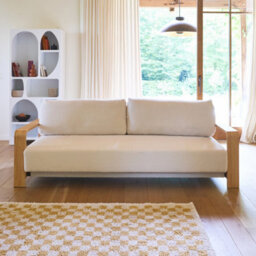 Sweeek - 3-Seater Sofa Bed In White Boucle With Wooden Armrests Eden White 224X108X85 Cm - thumbnail 2