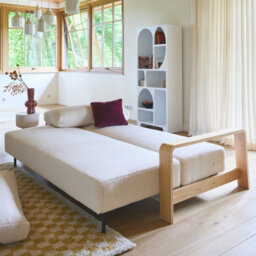 Sweeek - 3-Seater Sofa Bed In White Boucle With Wooden Armrests Eden White 224X108X85 Cm - thumbnail 5