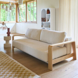 Sweeek - 3-Seater Sofa Bed In White Boucle With Wooden Armrests Eden White 224X108X85 Cm - thumbnail 4