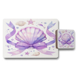 Benjamin Tate Design Sea Shell Ribbon Designer Artwork Placemat And Coaster Set With Wood Bottom Limited Edition