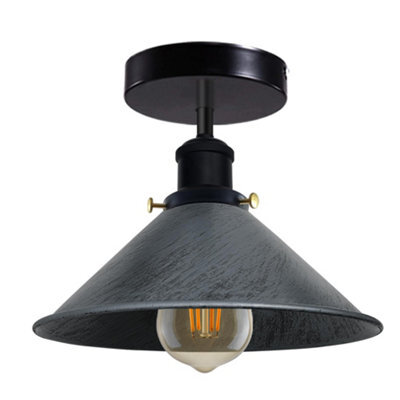 Vintage Ceiling Light Semi-Flush Mount With E27 Fitting 22Cm Conical Lampshade Ceiling Light Fixture Brushed Silver With Bulb
